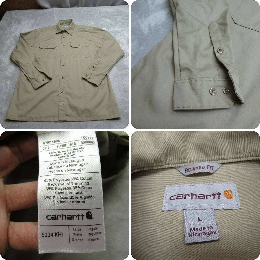 Carhartt Twill Shirt Men Large Beige Relaxed Fit Pockets Rugged Long Sleeve Work